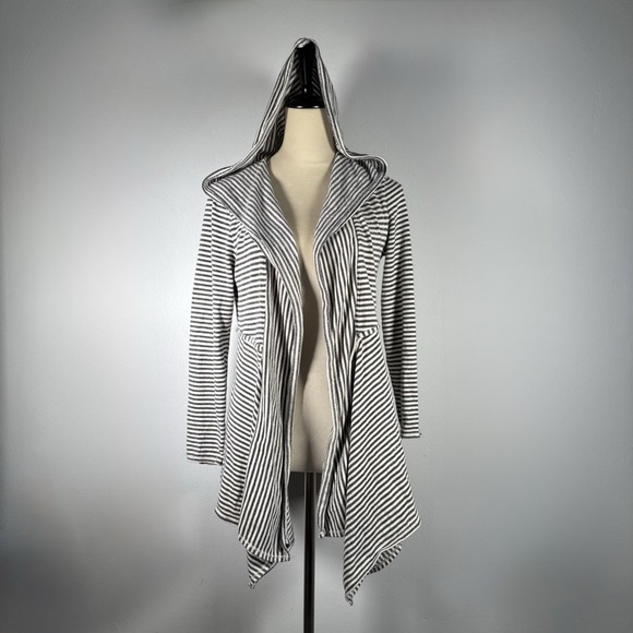 Max Studio Weekend Striped‎ Hooded Cardigan M Beachy Nautical Coastal Boho Wrap - Picture 2 of 7